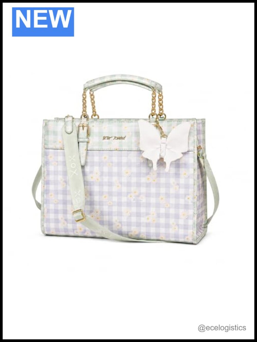 Faux Leather Mint Daisy Gingham Tote with Butterfly Charm